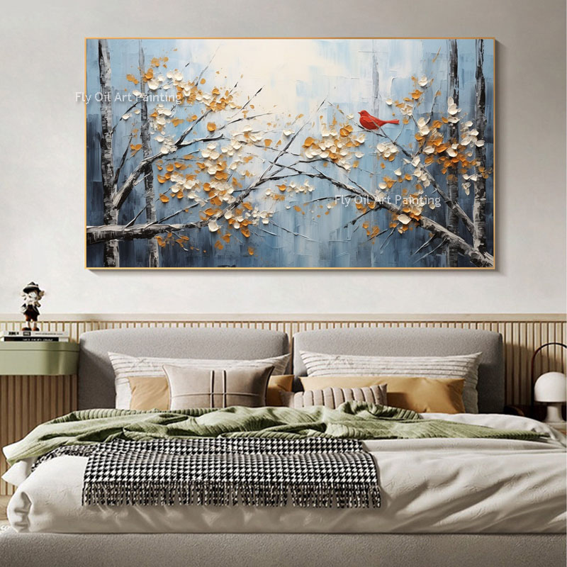 Abstract Blossom Tree Tree Oil Painting on Canvas feita artesanal de parede de parede flores árvores Arte Bird Pintura Decoração de inverno Decoração de sala de estar personalizada