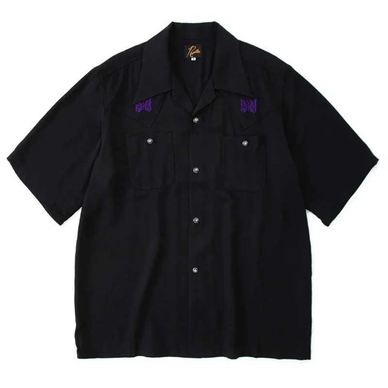 Camisetas de camisetas masculinas camisa jeans com border de borboleta de linha única bordado bordado bordado bordado curto agulhas de mangas camiseta j240402