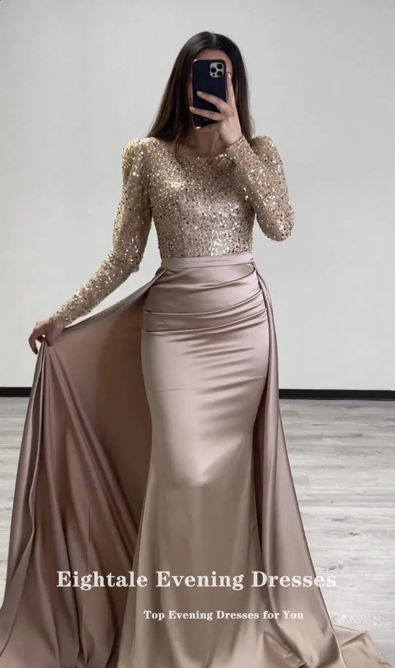 Robe de soirée huitième brillante avec jupe détachable manches longues personnalisées sirène de promotion de bal de bal à robe de soberee femme 240328