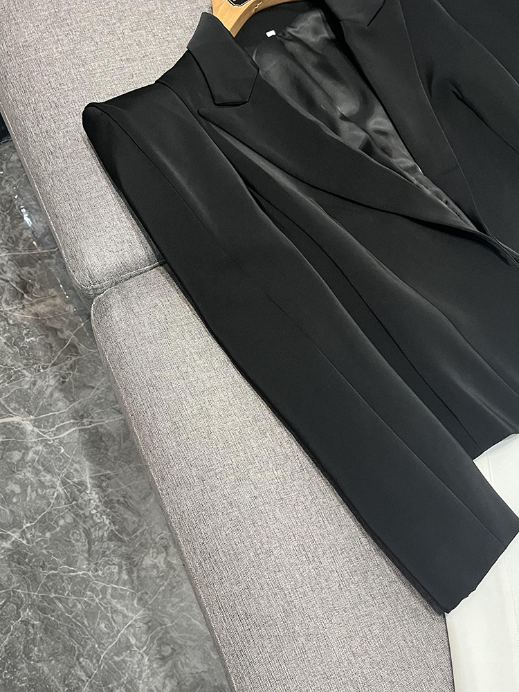 스프링 가을 검은 색 단색 슬림 블레이저 높은 어깨 긴 슬리브 노치 끈 클래식 아웃복 코트 O4M252260