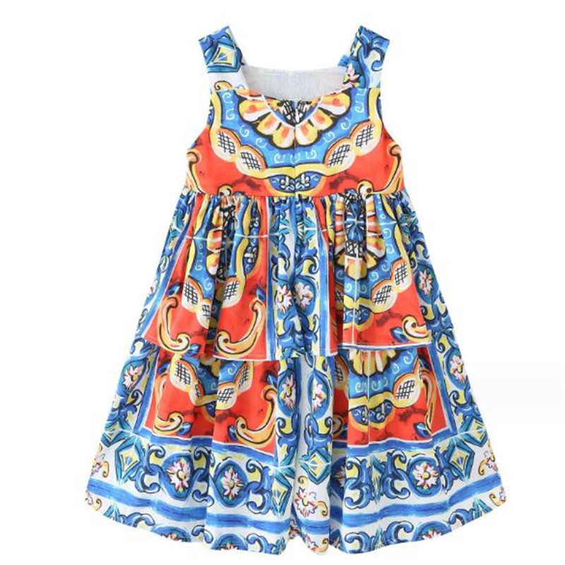 Robe de fille imprimée en coton pur 2024 Nouvelle robe de gâteau de vêtements pour enfants d'été vêtements de bébé vêtements