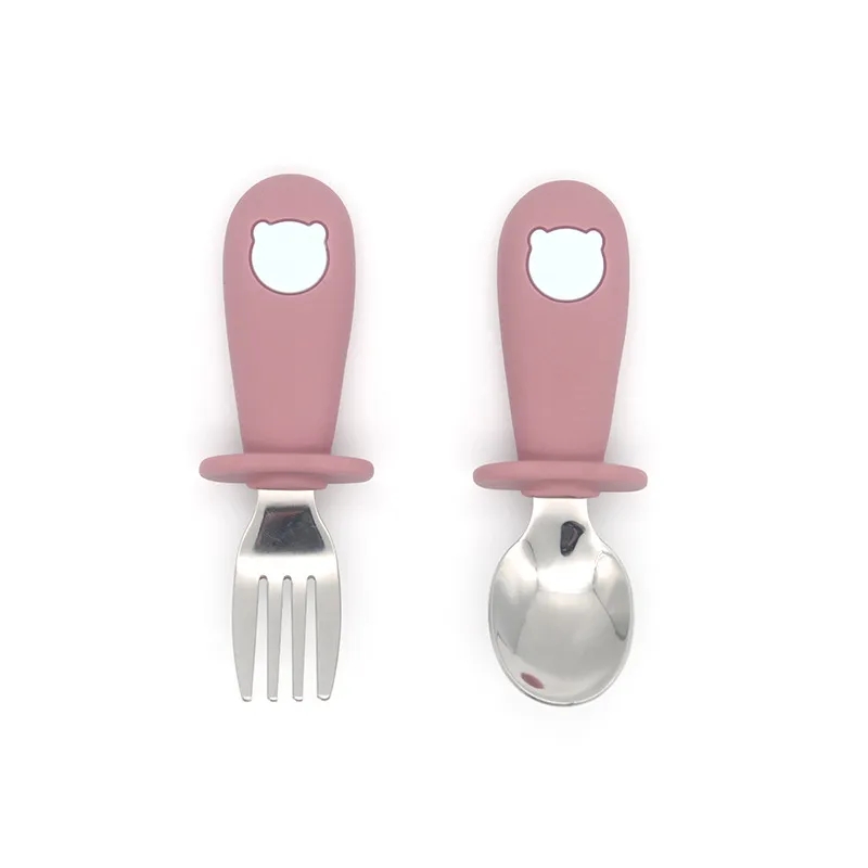 Baby Gadgets Table Vérification des enfants Varelle pour enfants en acier inoxydable Silicone pour tout-petit Vide Vérification Cartoon Baby Food Feeding Spoon Fork