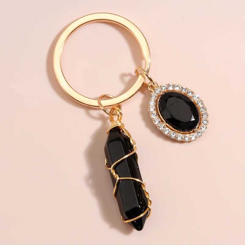 Keychains Lanyards Colorful Natural Stone Keychain Wire Wrap Key Ring Acrylic Beads Chains Souvenir Gifts For Women Men Handmade Jewelry Q240403