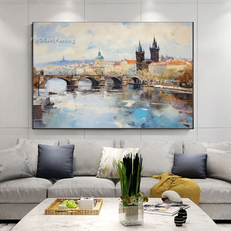 Prague City Wall Art impressionnisme Cityscape Painting Huile peint à la main European City Bridge Scene toile Art Decor Landscape Art for Home Living Room Bedroom