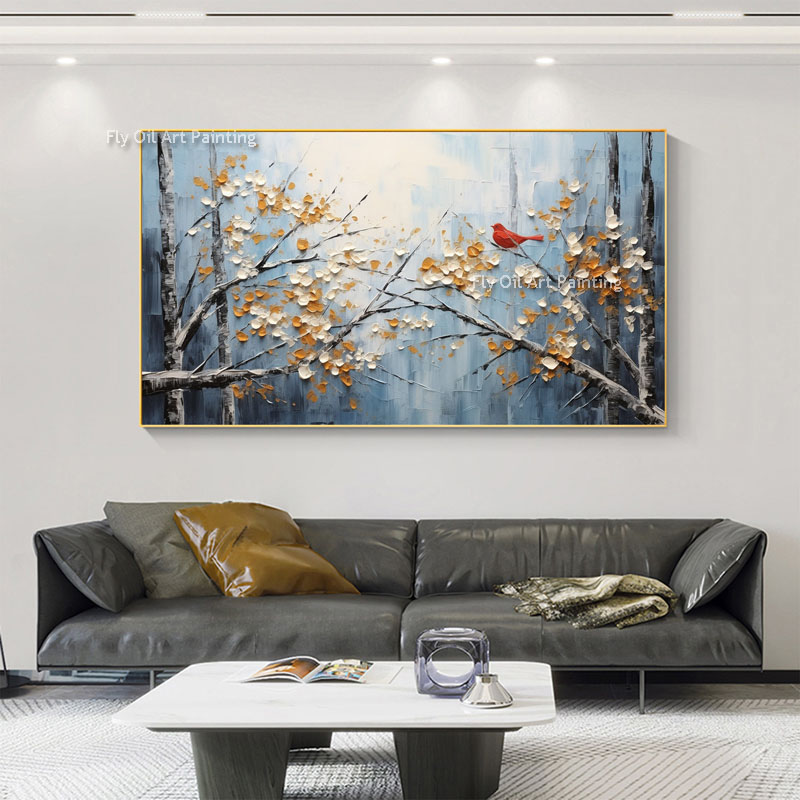 Abstract Blossom Tree Tree Oil Painting on Canvas feita artesanal de parede de parede flores árvores Arte Bird Pintura Decoração de inverno Decoração de sala de estar personalizada