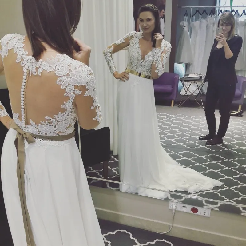 Cheap Lace Applique Wedding Dresses Illusion Wedding Gowns Plus Size Sweep Train Bridal Dress With Sash