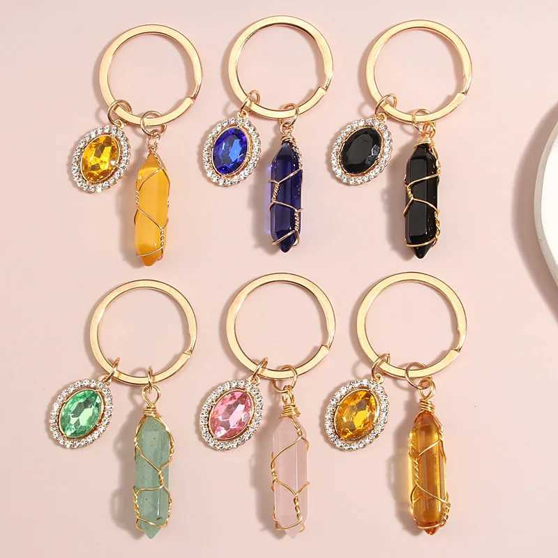 Keychains Lanyards Colorful Natural Stone Keychain Wire Wrap Key Ring Acrylic Beads Chains Souvenir Gifts For Women Men Handmade Jewelry Q240403