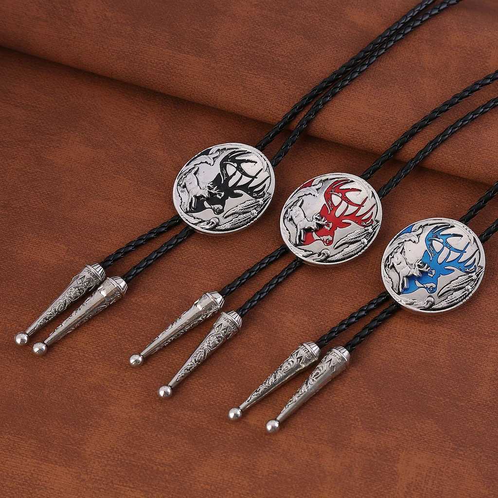 Bolo binder europeisk och amerikansk ny stil bolo tie djur älva älg fashionabla mens lädersladd halsband 240407