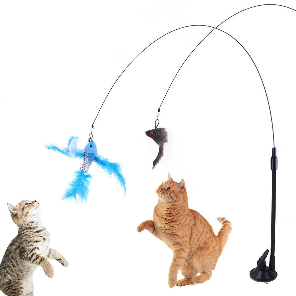 / Interactive Cat Toys Aspiration Tup Cat Téaser Stick Fund Feather Bird Fish Cat Toys with Bell Cat Supplies 240403