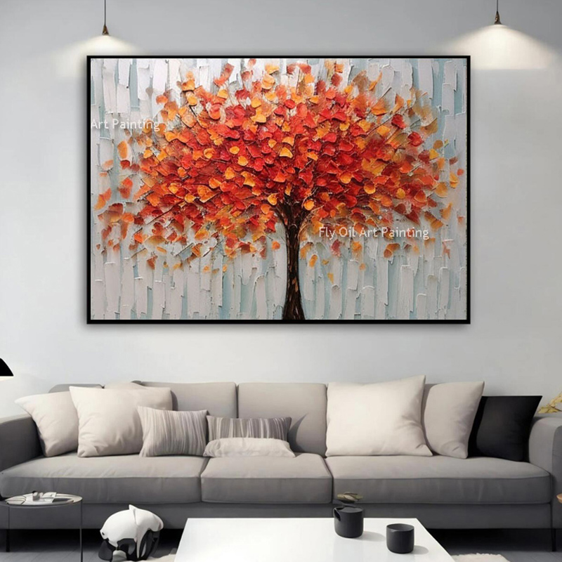 Grote rode verlof Tree Oil Painting Abstract Red Tree Decoratief schilderij Woonkamer Canvas schilderen Natuurlijk Home Decor Handgemaakt schilderij