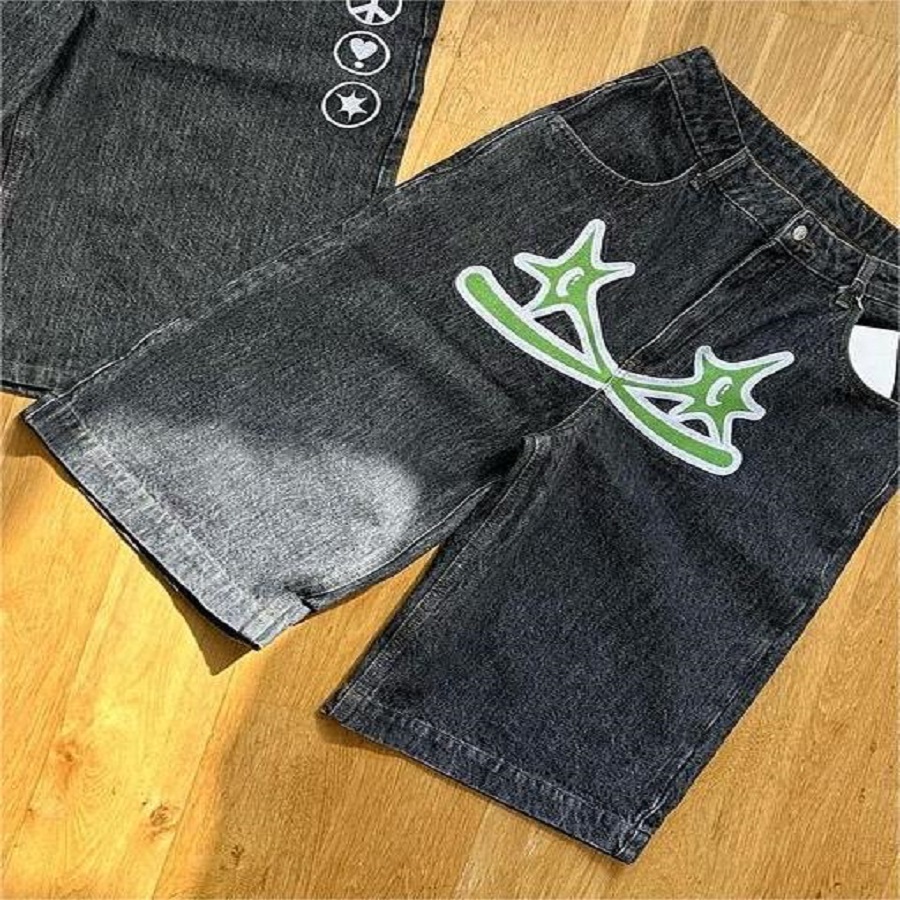 Men's design jeans shorts spring/summer new loose embroidery pattern cropped pants trend