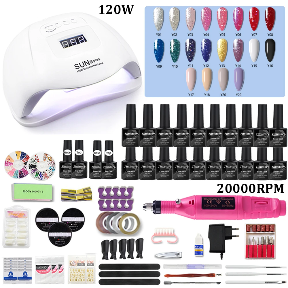 Klänningar 20 st polska nageluppsättning med nagelborrhine -kit och UV LED -lampmanikyrverktyg kit nagelkonstuppsättning