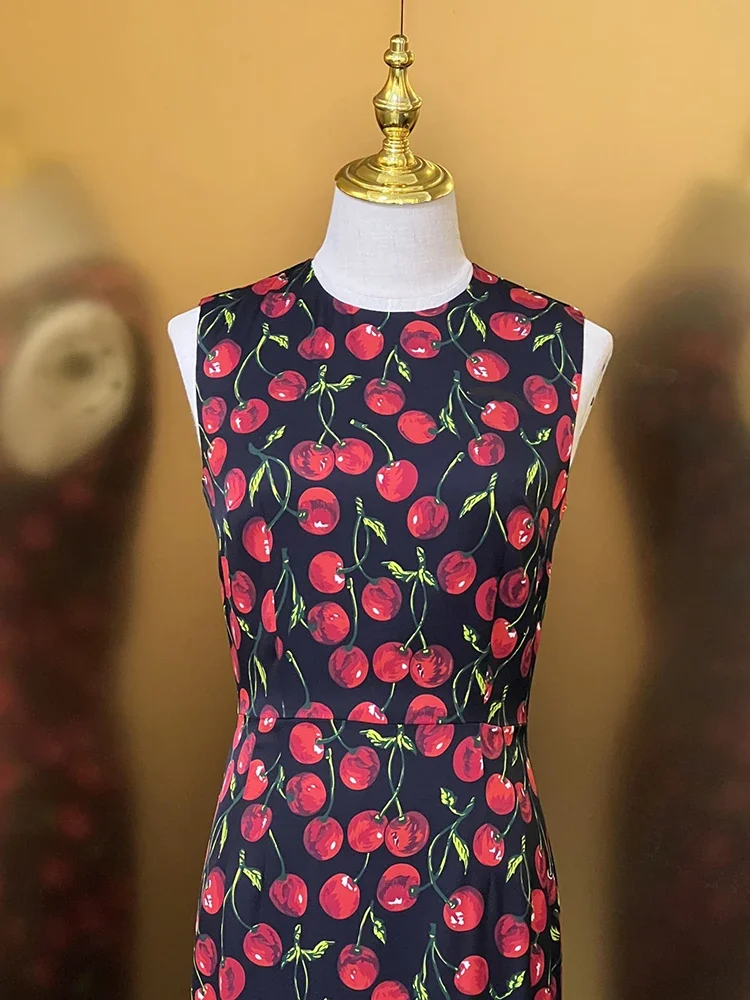 MIDI Tank Top Dress 2024 Summer Women's Cherry Fruit Printed Tank Top 100% Silk Fashion Sexy Party Holiday Women's Dress