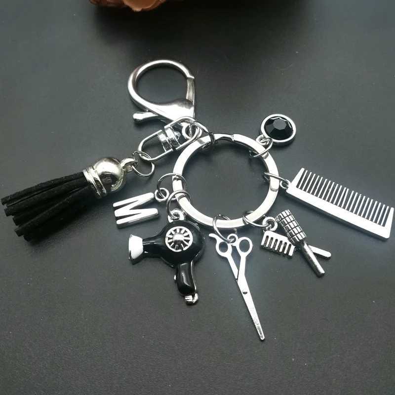 Keychains Lanyards A-Z Hairstyle Gift Charm Tassel Keychain Retro Jewelry Mini Hairdressing Scissors Hair Dryer Comb Q240403