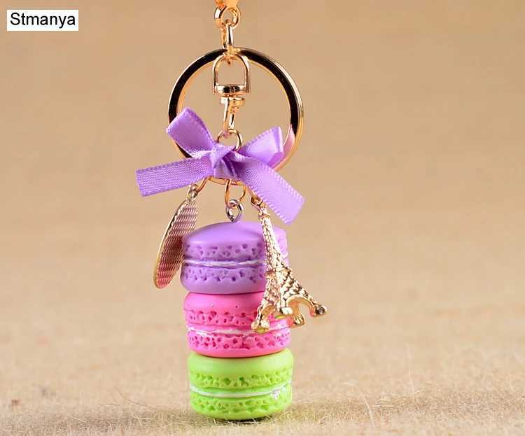 Keychains Lanyards New Cake Keychain Fashion Car Womens Bag Charm Accessories French Macaron and Eiffel Tower Gifts Jewelry Q240403