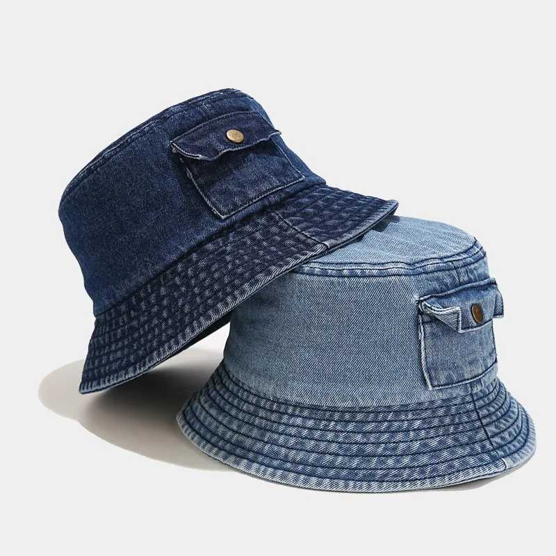 Brede rand hoeden emmer nieuwe mode opvouwbare visser hoed dames zomers katoen wassen denim bob hiphop gorros q240403