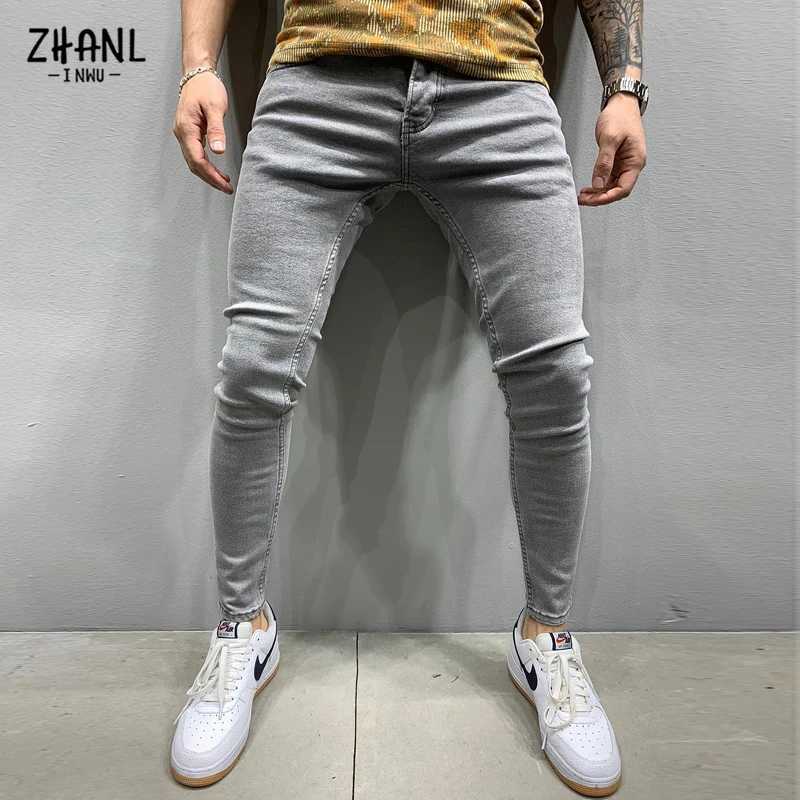 Men's Jeans Mens black tight jeans high-quality gray casual mens jeans tight mens jeans hip-hop street clothing cotton denim TrousersL2403