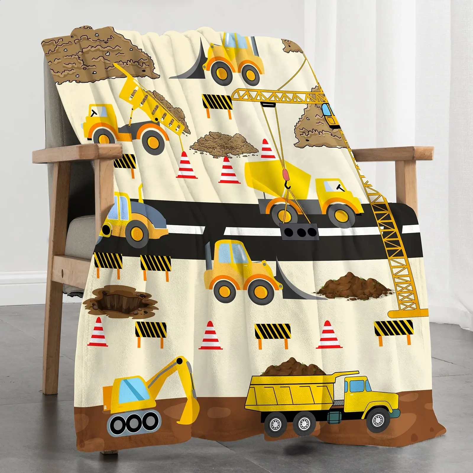 Yellow Construction Truck Filt Cartoon Tractor Flanell Throw Filtar For All Season Kids Boys Excavator SOFA 240326