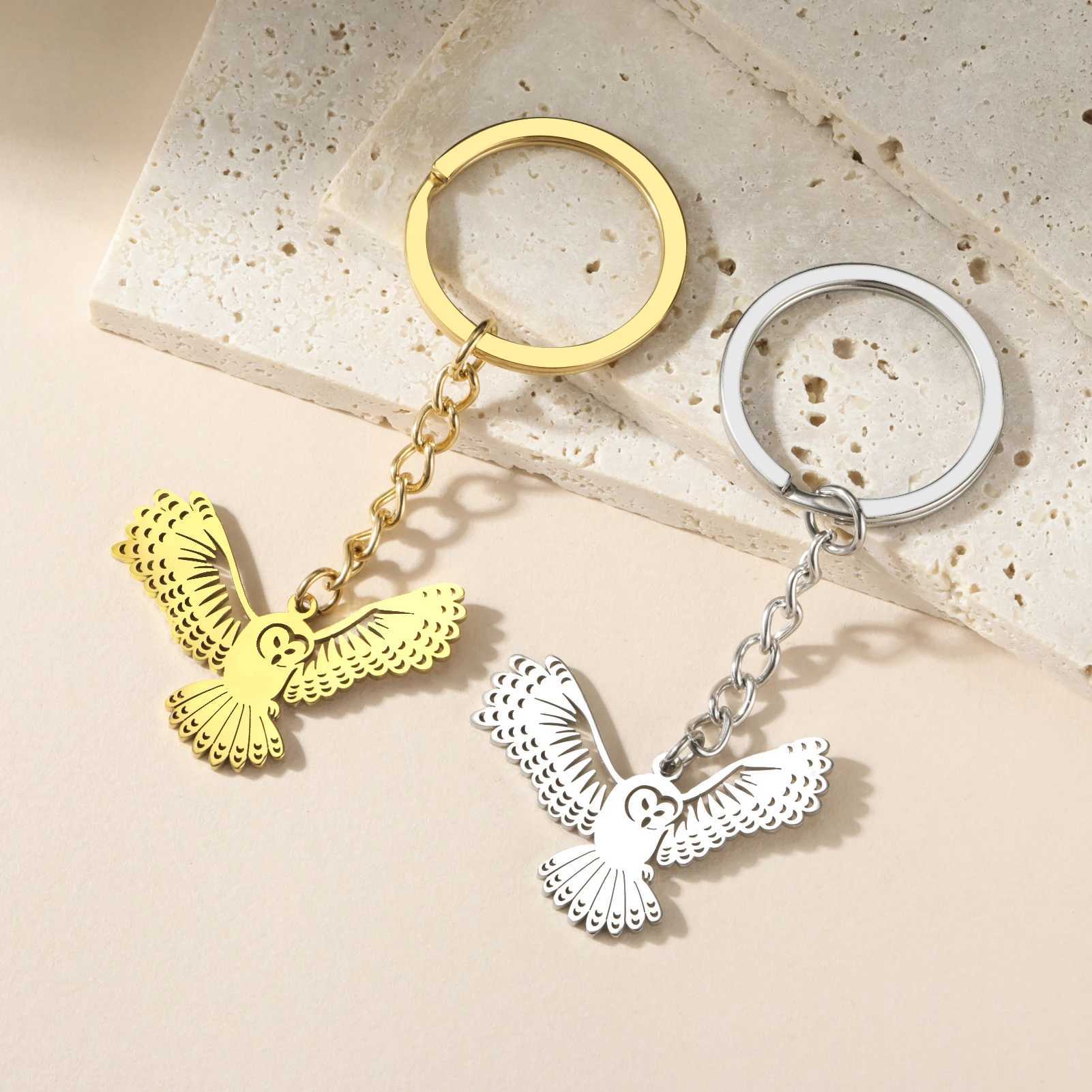 Keychains Lanyards Lemegeton Phoenix Keychain Owl Pendant Stainless Steel Charming Bird Jewelry Cute Accessories Key Gold Wholesale Q240403