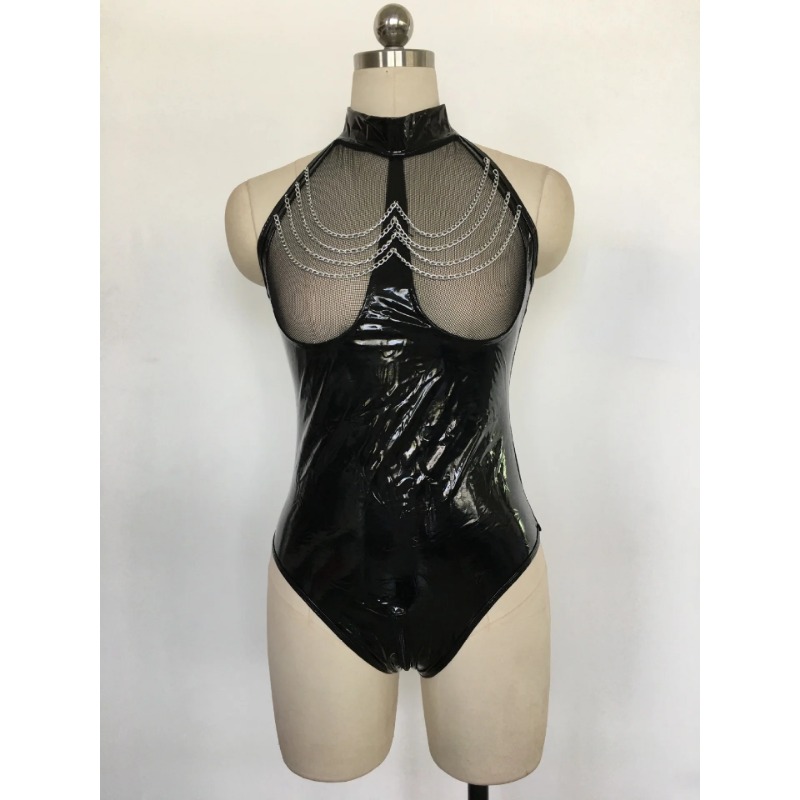 Sexy Wet Look PVC Faux Leather Mesh Teddy Lingerie Latex Fetish Erotic Shiny PU Latex Catsuit Jumpsuit Open Bra Bodysuit