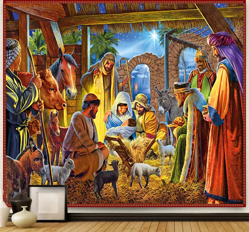 Natività Scena Arazzo Gesù Manger Mager Wall Hanging Angel Easter Christmas Decor Christ Tapestries Decoration 240321