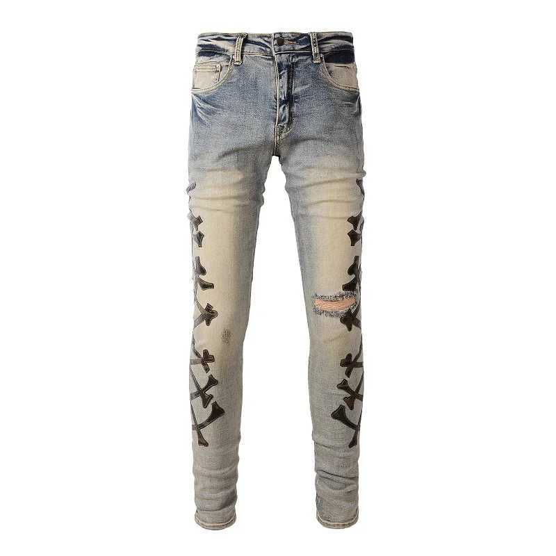 Men's Jeans Mens camouflage leather bone patch jeans with retro blue elastic denim thin tapered pants with torn distressed TrousersL2403