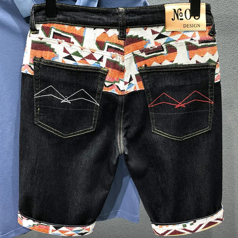 Shorts denim d'été Coux pour hommes broderie à feuilles de genou déchiré blancs noirs rétro bleu jean de haute qualité 240327