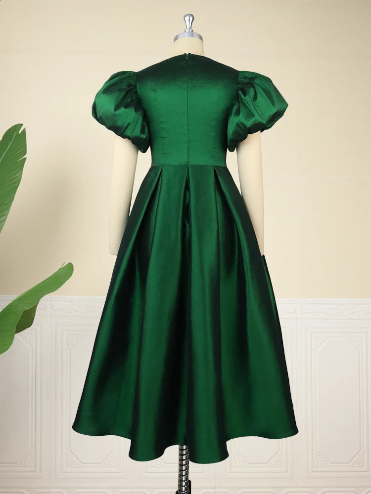 Puff Sleeve Ball Gown Dresses Plus Size Elegant Ladies High Waist Pleated Dark Green Ruffles Shiny Midi Evening Party Outfits 240403