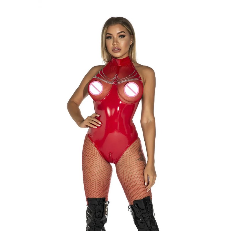 Sexy Wet Look PVC Faux Leather Mesh Teddy Lingerie Latex Fetish Erotic Shiny PU Latex Catsuit Jumpsuit Open Bra Bodysuit