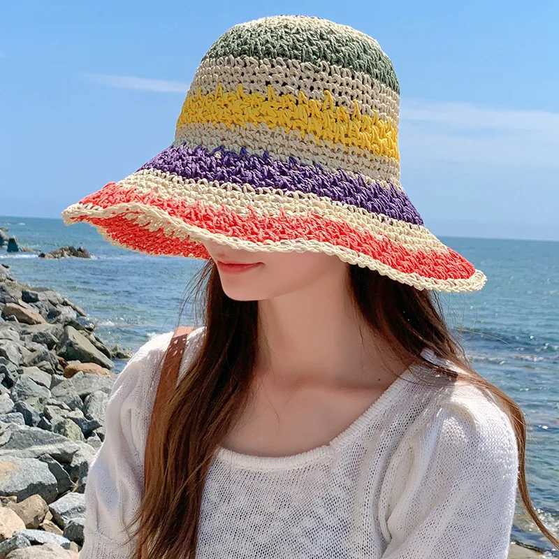 Chapéus de aba larga caçamba arco -íris chapéu de palha feminino verão guarda -costas guarda -chuva artesanal ganched grande praia bohemian meninas q240403