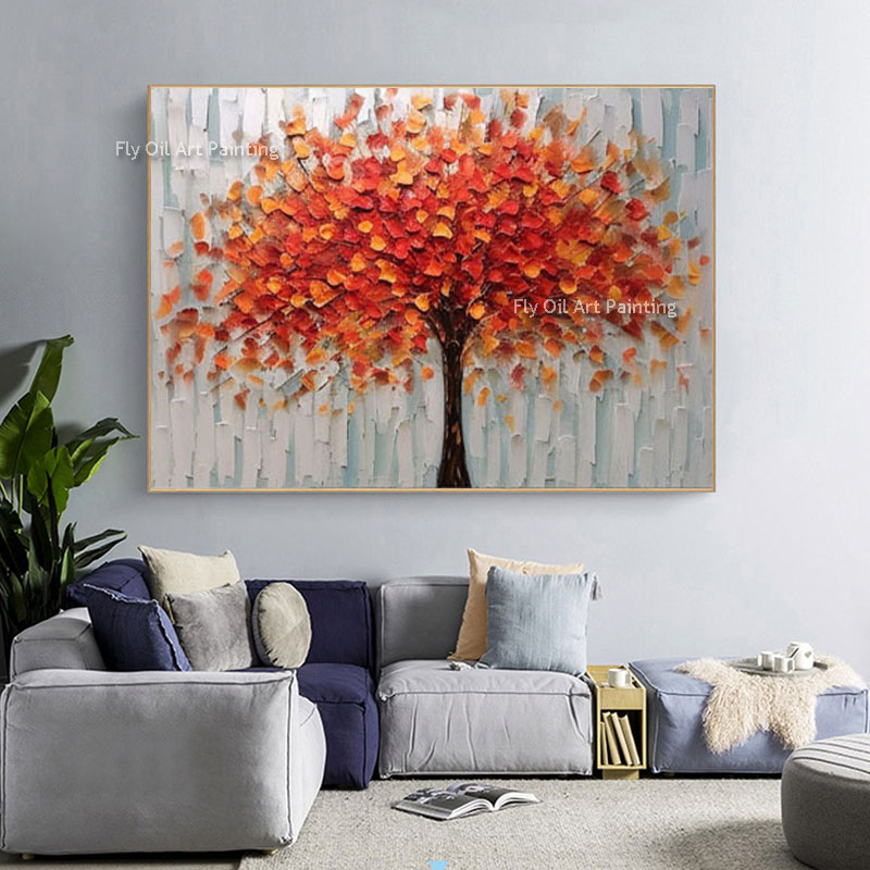 Grote rode verlof Tree Oil Painting Abstract Red Tree Decoratief schilderij Woonkamer Canvas schilderen Natuurlijk Home Decor Handgemaakt schilderij