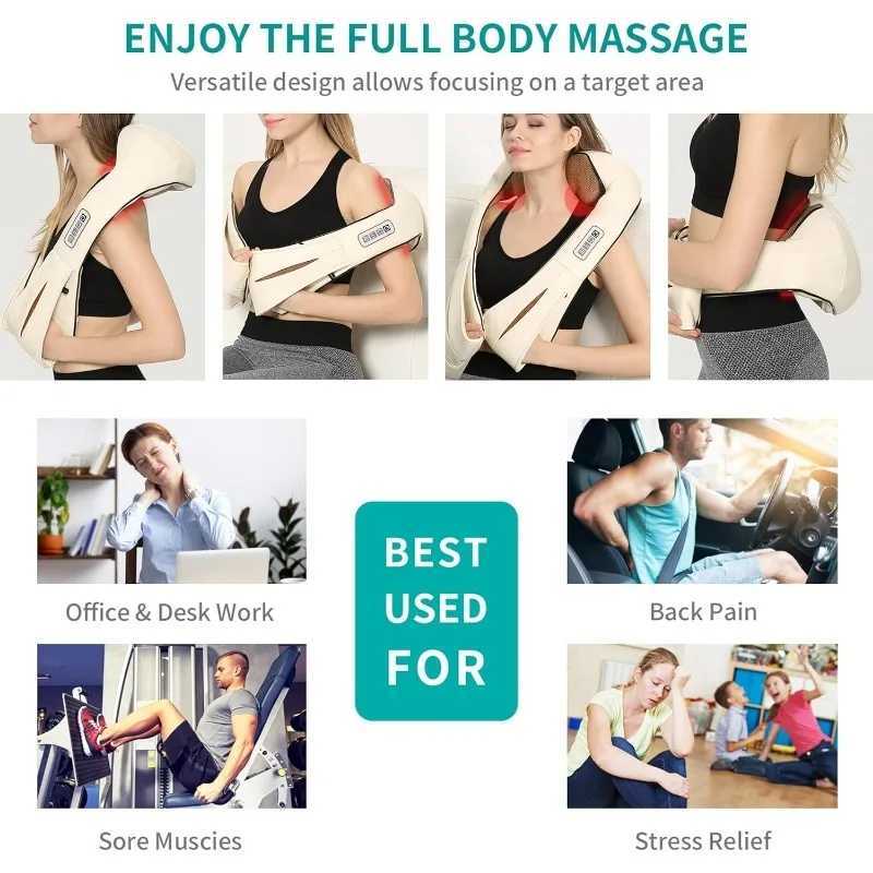 Helkropp Massager Electric Shiatsu Neck Back Massage sjal Uppvärmning Knådning Cervical Massager axelhals Trapezius Muscle Massager Chiropractic 240407