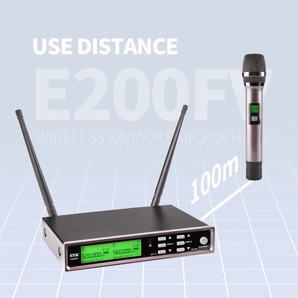 Mikrofonlar EYK E200FV Profesyonel Kablosuz Mikrofon Metal Gövde UHF Frekans Ayarlanabilir Karaoke El Tiz Mikrofon Tiz Bas Yankı Sahne için