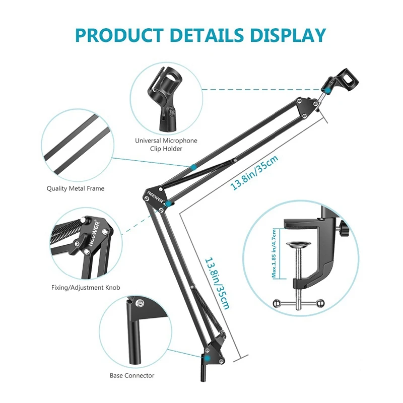 Stand Extendable Recording Microphone Holder Suspension Boom Scissor Arm Stand Holder with Mic Clip Table Mounting Clamp