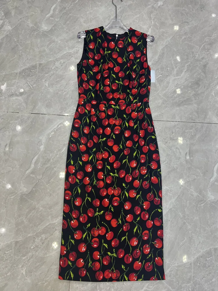 MIDI Tank Top Dress 2024 Summer Women's Cherry Fruit Printed Tank Top 100% Silk Fashion Sexy Party Holiday Women's Dress