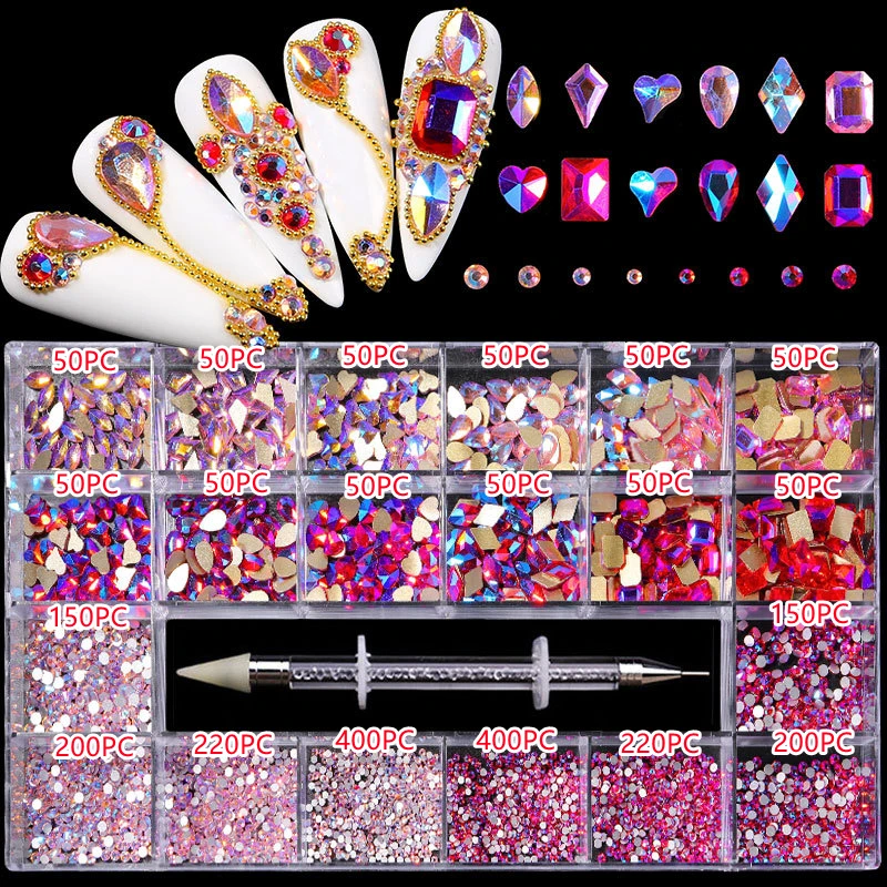 Decorações Novo MultiSize Nail Art Rhinestones Shiny Diamond Rhinestones Conjunto abatback gems Gems Diy Uil Art Decorações