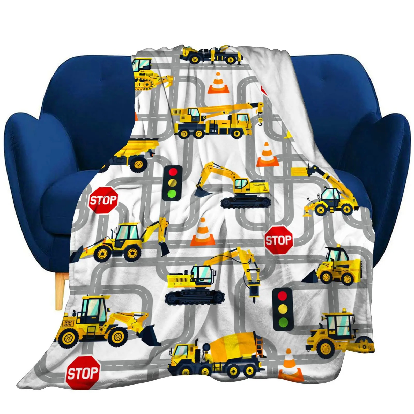 Yellow Construction Truck Filt Cartoon Tractor Flanell Throw Filtar For All Season Kids Boys Excavator SOFA 240326