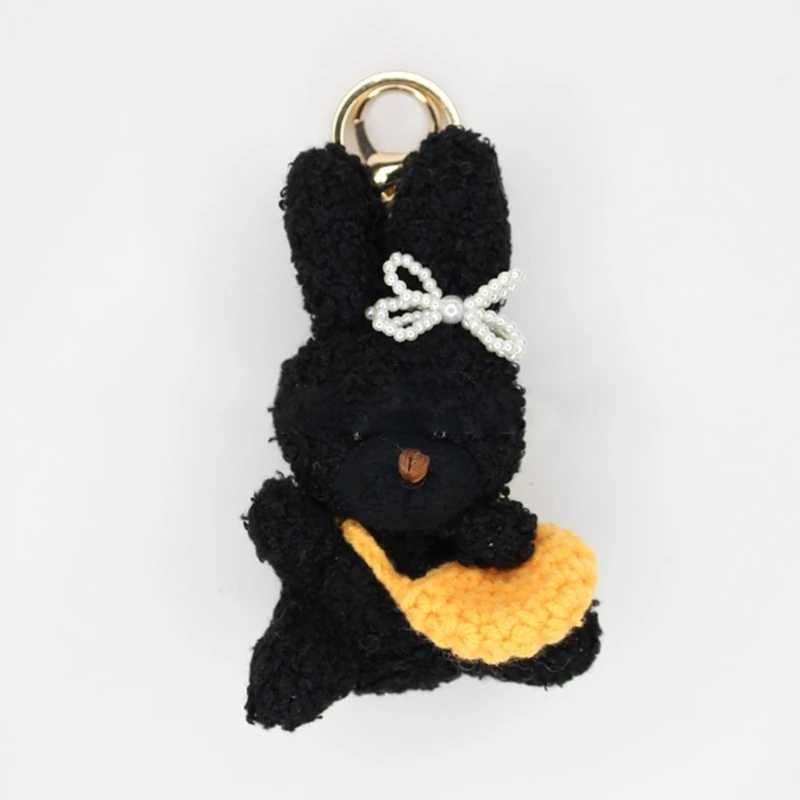 Keychains Lanyards Bowtie Curly Rabbit Keychain Söt plysch Animal Custom med Pocket Pendant Fashion Accessories Q240403