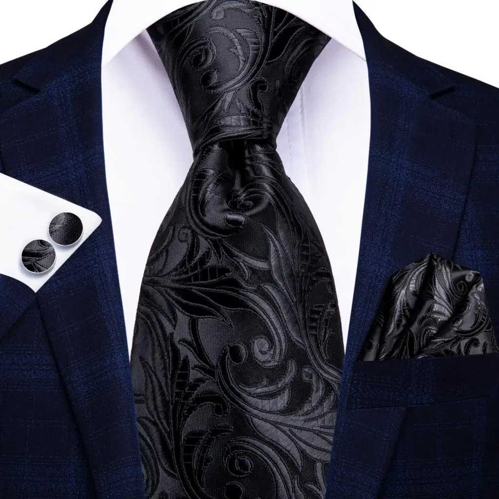 Neckband Hi-Tie Black Floral Silk Wedding Tie för män Handky manschettkroppsgåva slips för män modedesign affärsfest droppar 240407