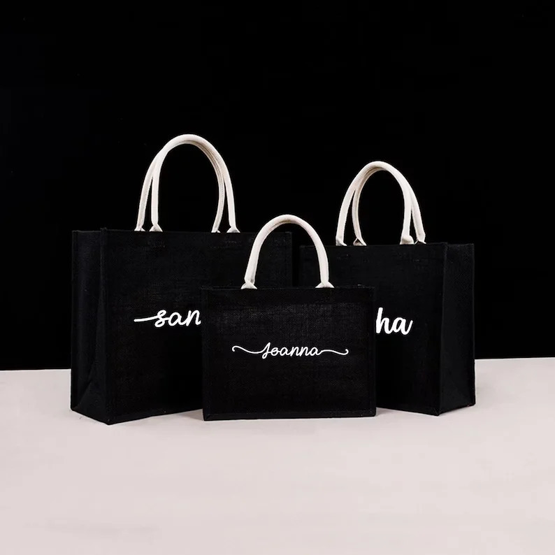 Personalized Black Burlap Tote Bags Custom Name Burlap Jute Bag Bachelorette Beach Wedding Tote Bags Bridal Bridesmaid Gifts 240402