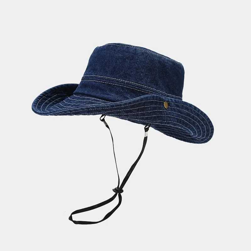 Breide rand hoeden emmer 2023 lente denim vaste vat hoed vissermans outdoor reis zon voor mannen en vrouwen 116 Q240403