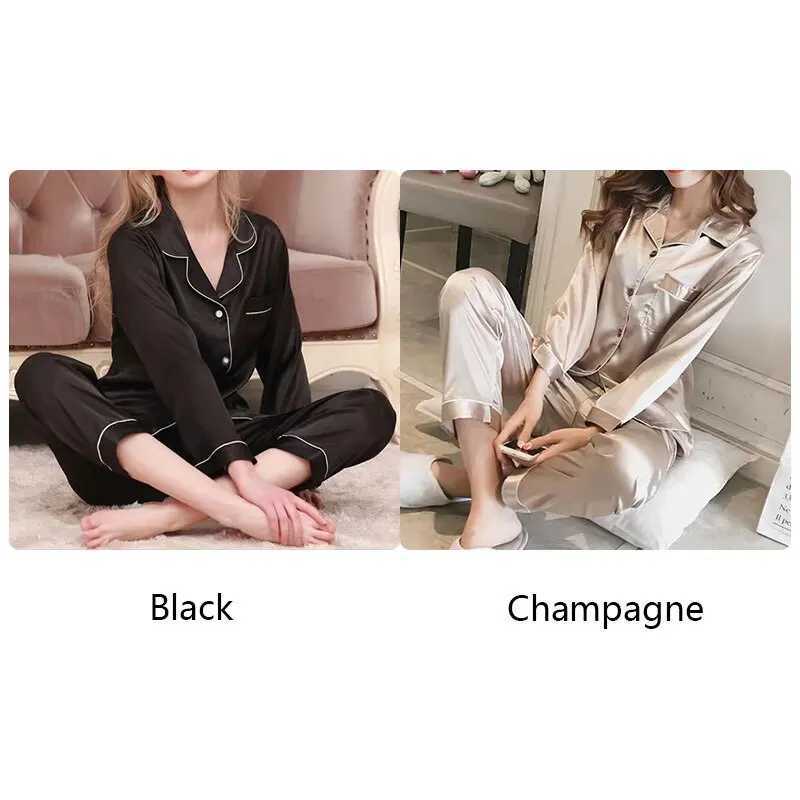 home clothing Womens pajamas black champagne L XL long sleeved shirt and Trousers ice silk solid color casual smoothL2403