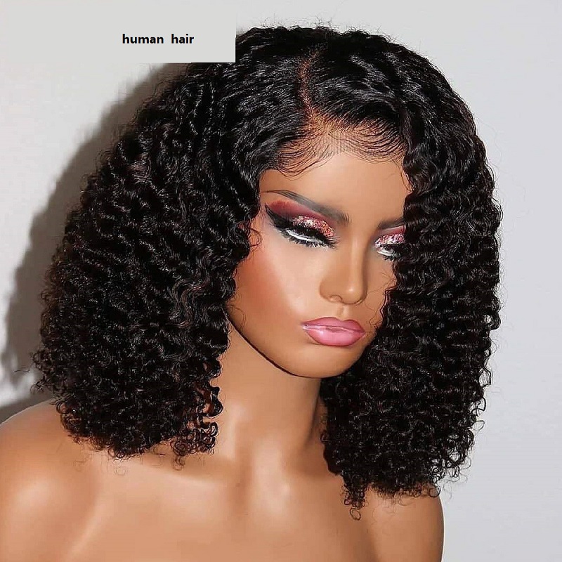 Dames Wig Kinky Curly Bob Wig Bobo Head Set Human Hair Wig 4x1 T -stijl 150 %