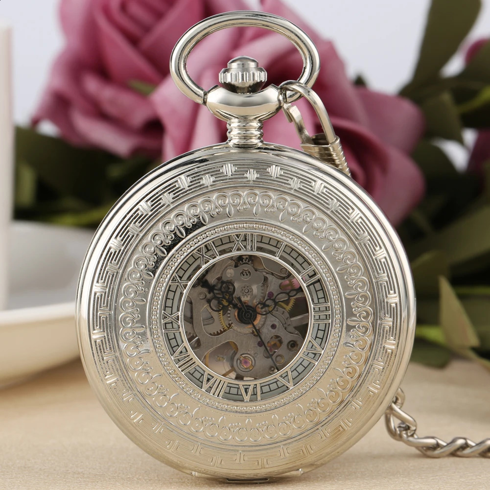 Gentleman Silverbronze Hollow Mechanical Pocket Watch Men Birdons d'anniversaire Vintage Pendant FOB Chaîne de chaîne Male 240327