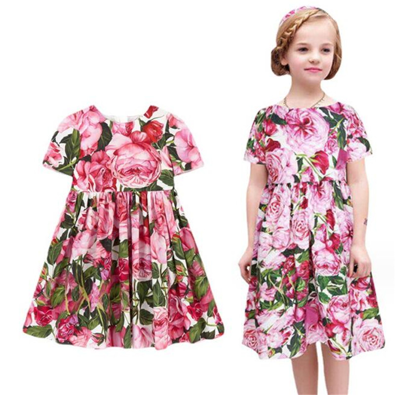 European & American Style Kids Dress 2024 New Children's Summer Girls Clothes Full cotton Print Short Sleeved Baby Dress Girl's Dresses