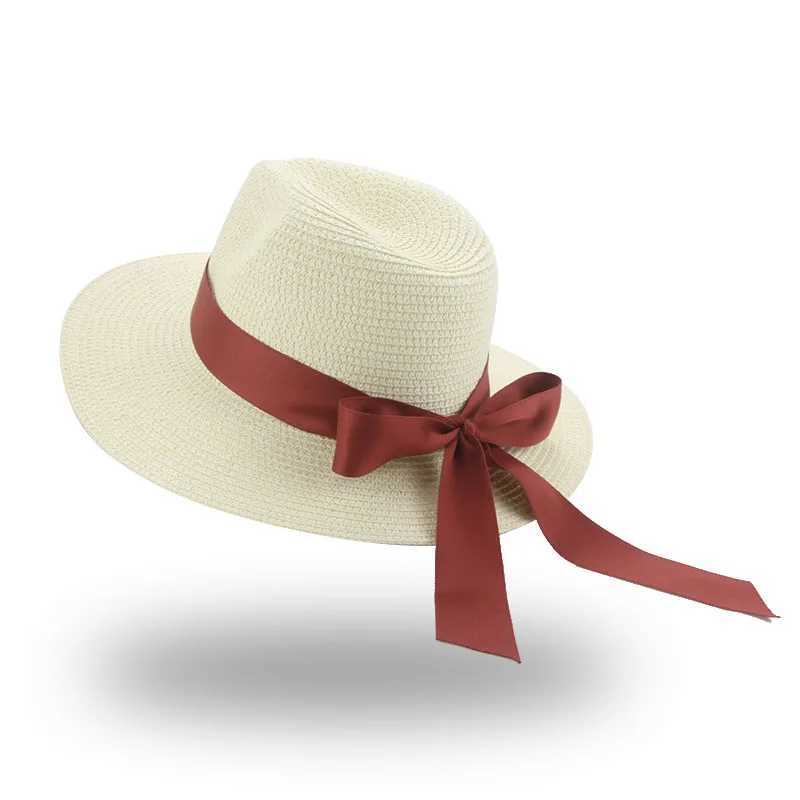 Geniş Memlu Şapkalar Kova Beach Hat Straw Bow Luxurious Womens Kırmızı Kova Dış Mekan Elegance Panasonic Caz Güneşi Yeni Cardigan Q240403