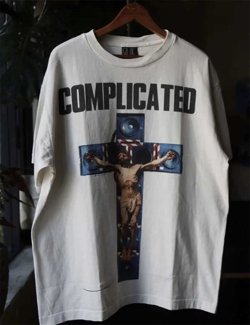 Herr t-shirts Saint Michael tvättade kort ärm t-shirt cross tryck män kvinnor vintage toppar t shirt gata klädtoppar j240402