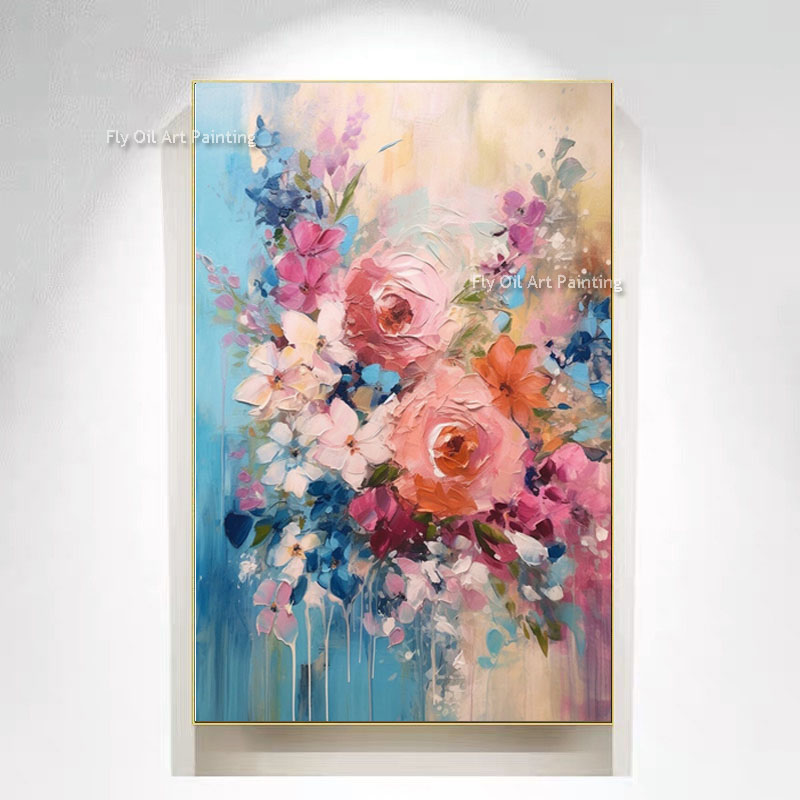 Abstract Pink Flower Oil Painting su tela arte da parete grande 100% arte floreale testurizzata a mano pittura personalizzata decorazione del soggiorno minimalista