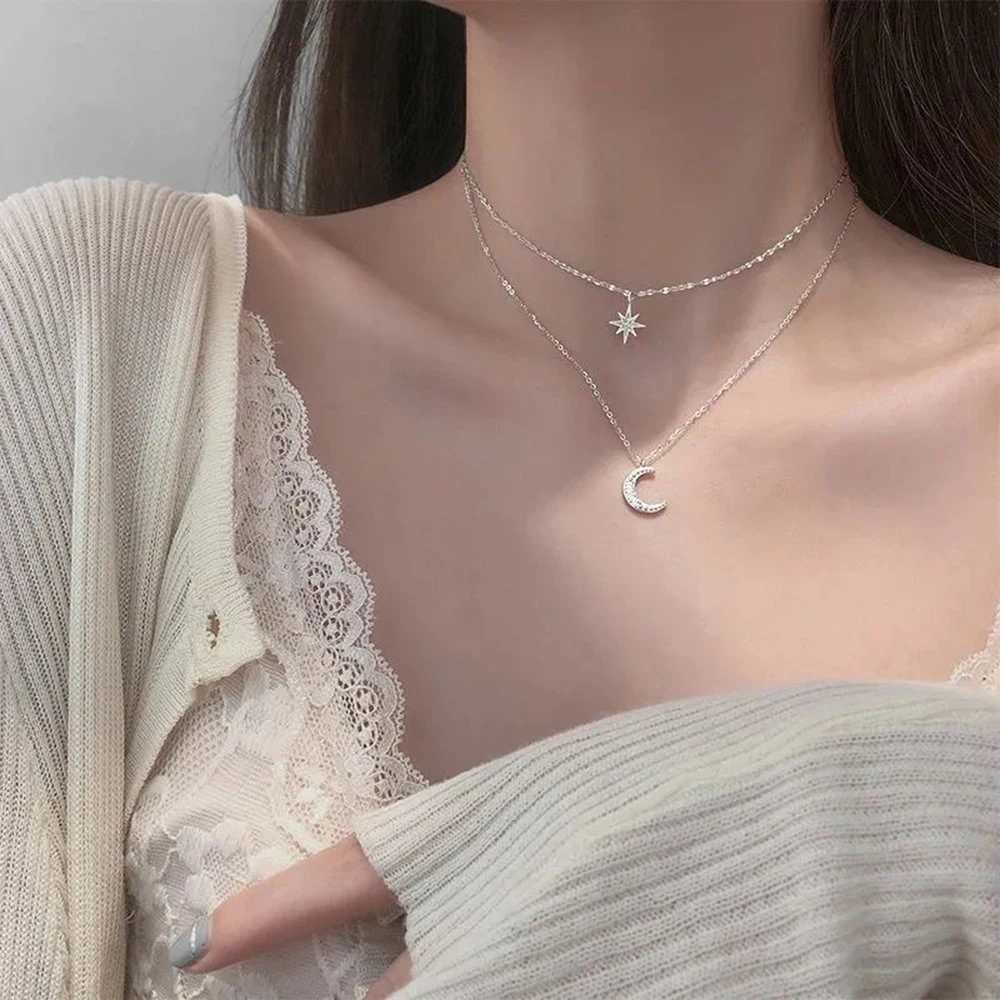 Pendant Necklaces SUMENG 2024 Simple Double Layer Star Moon Charm Multilayered Necklace Delicate Clavicle Chain Zircon For Women Fashion Jewelry