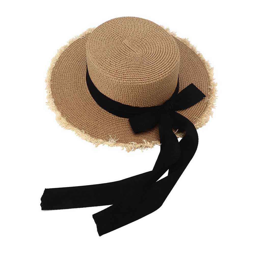 Cappelli larghi cappelli da secchio di cappelli da sole estate protezione da sole grande cappello di paglia da donna lungo cofano a nastro bianco nero cofano da sole a bordo donna accessori spiaggia 240407